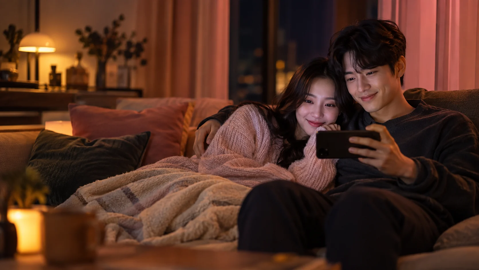Casal adulto relaxando no sofá de uma sala aconchegante e assistindo a um programa no celular.